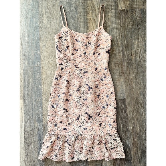 DRESS THE POPULATION light pink sequin Jill ruffle hem mini dress XS - Picture 1 of 10